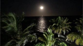 A bright moon over the ocean at night